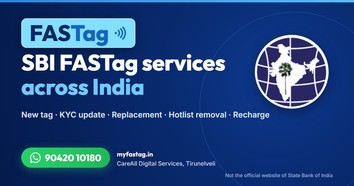 SBI FASTag services across India from CareAll Digital Services, Tirunelveli