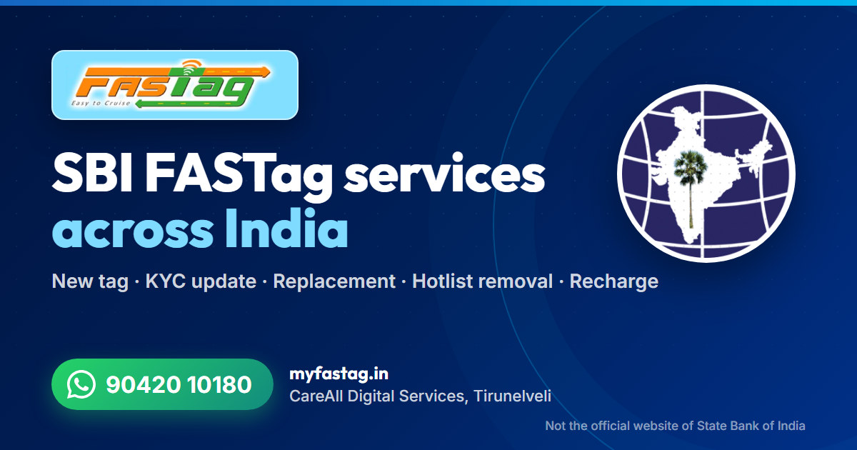 SBI FASTag services across India from CareAll Digital Services, Tirunelveli